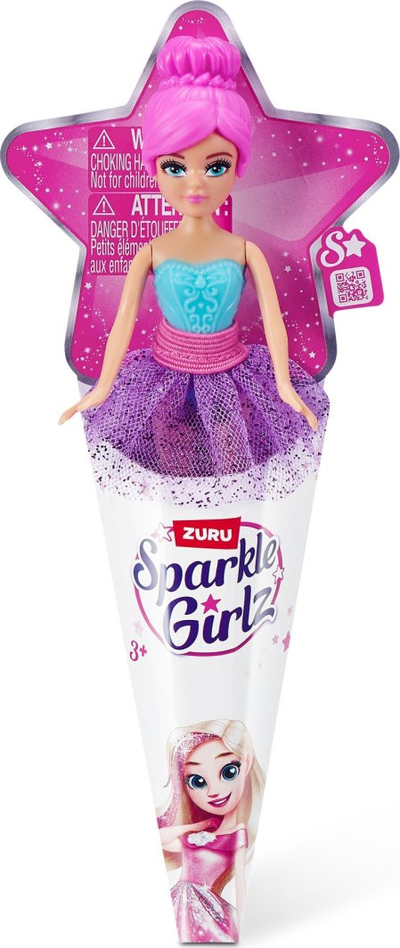 Kukull ZURU Sparkle Girlz Mini Pop, në paketim si kornet akulloreje, me flokë dhe fustan shumëngjyrësh