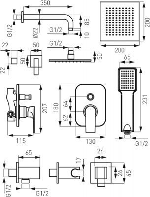Сет туш Ferro Algeo Square BAQ7P SET1 S, вграден, со миксер, хром