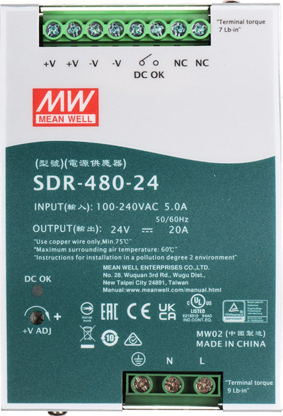 Furnizues energjie DIN Rail Mean Well SDR-480-24, 480W, 24V 20A, metal