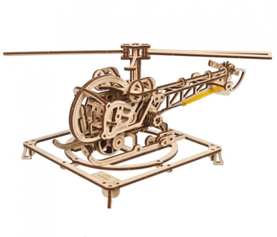 Model druri UGears Mini Helicopter, komplet për ndërtim, shkallë 1:40, ngjyrë druri natyral