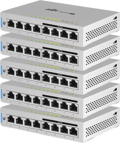 Swich rrjeti Ubiquiti UniFi US-8-60W, 8 porta Gigabit, PoE, set 5 copë, argjendtë