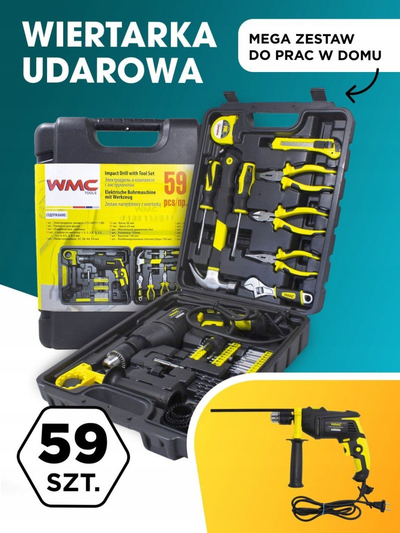 Set veglash WMC 59 pjesë, kaçavidë elektrike 750W, valixhe plastike, gri