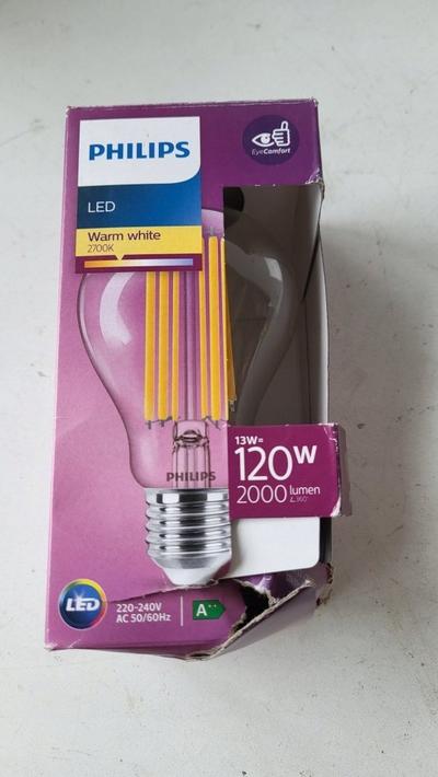 Llampë LED Philips A60 E27, 7.3W, 2700K, xham i kthjellët