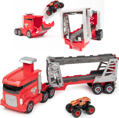 Set lodër Monster Jam Official 2-in-1 Launch N Go Hauler, kamion transporti me rampë hedhje, për makina 1:64, i kuq