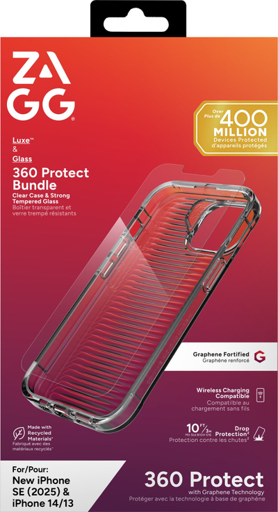 Set mbrojtës ZAGG për iPhone 16e 14 13 Luxe, maskë dhe mbrojtës ekrani, transparent