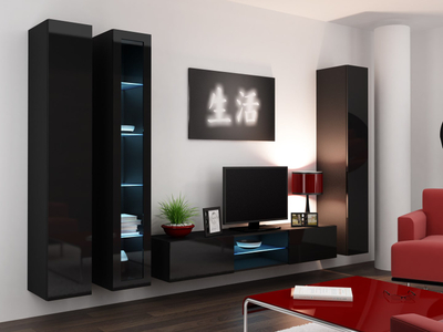 Vitrinë e varur Cama Meble VIGO 180, 180x40x30cm, xham i kalitur, e zezë shkëlqim