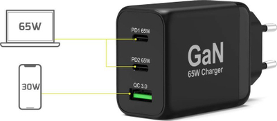 Полнач за ѕид Port Designs 900106 EU, 65W GaN, USB C PD и USB A QC, црн