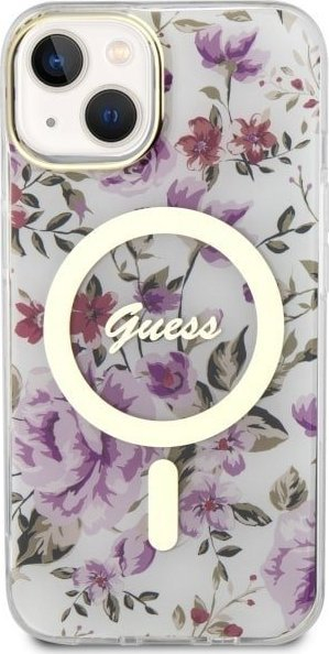 Maskë telefoni Guess Flower MagSafe për iPhone 14, transparente, me lule