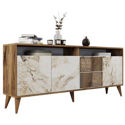 Komodë TV Kalune Design Milan, MDF 180cm, këmbë të larta, dru natyral me mermer