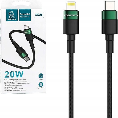 Kabllo karikues USB C në Lightning D62, 1m, 20W PD 3A, e zezë me gërshet