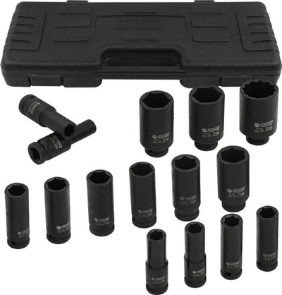 Set çelësash goditës të gjatë 1/2", 15 copa, 10-36mm, zi