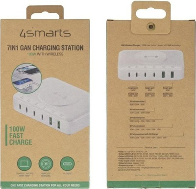 Stacion karikimi 4smarts 7n1 GaN 100W, me karikim wireless, i bardhë