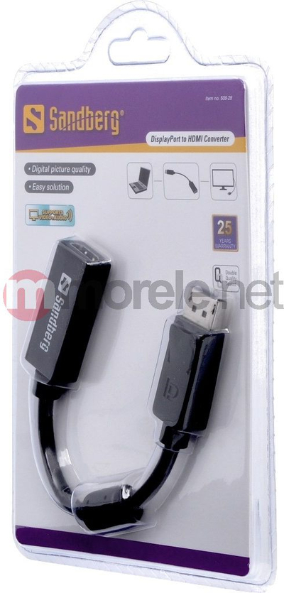 Adapter video Sandberg DisplayPort në HDMI, konvertues, i zi