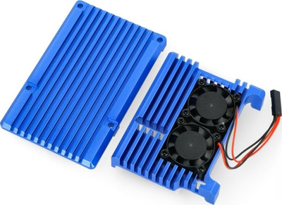 Kuti alumini JustPi për Raspberry Pi 4B, me 2 ventilatorë, blu