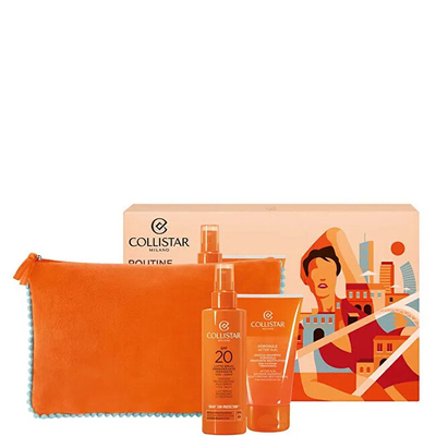 Set për kujdes ndaj diellit Collistar Tanning Moisturizing, sprej mbrojtës dhe për nxirje spf 20 200 ml + shampo dushi pas diellit 150 ml + çantë kozmetike