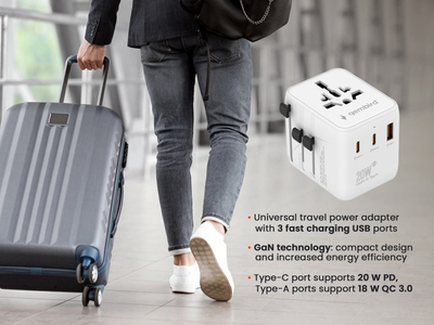 Adaptues universal udhëtimi Gembird UPA 20W, 3 porta USB, prizë ndërkombëtare, i zi