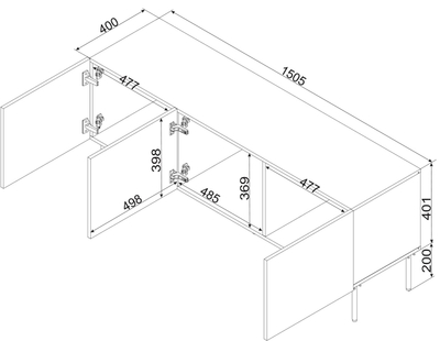 Kabinet TV ISLA, 150.5x40x60 cm, Black Matt, i zi mat
