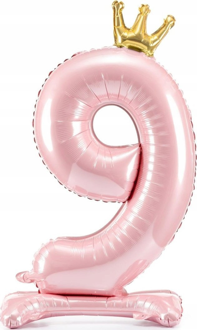Balon folie që rri më vete me numrin 9 dhe kurorë, 84 cm, rozë e çelët