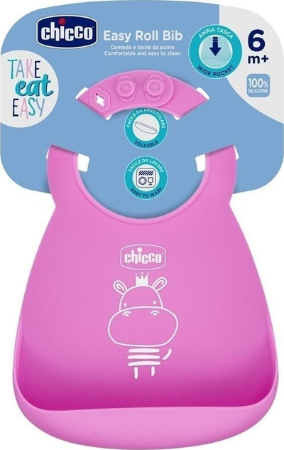Përparëse silikoni Chicco Easy Roll, 6m+, me xhep, rozë