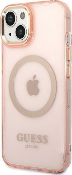 Mbulesë telefoni Guess GUHMP14MHTCMP për iPhone 14 Plus, MagSafe, rozë transparente me kornizë ari