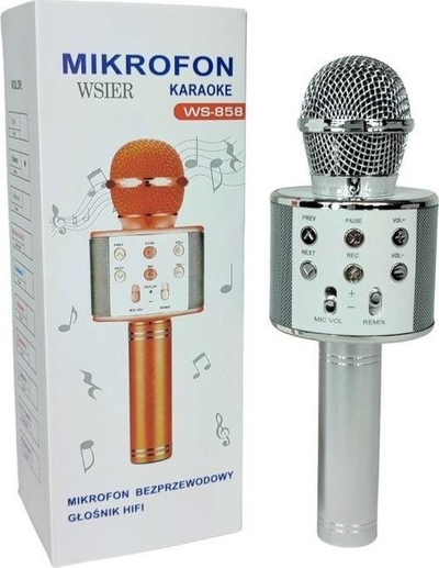 Mikrofon lodër karaoke W&amp;k Toy JYWK369-2, pa tela, me altoparlant, argjendt