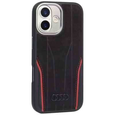 Kapak telefoni Audi R8 Genuine Leather MagSafe, për iPhone 17, lëkurë natyrale, zi me të kuqe