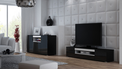 Kredencë TV Cama Meble Viva 180, MDF me shkëlqim, PUSH CLICK, e zezë e bardhë
