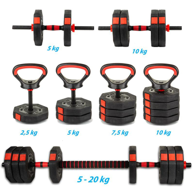 Set pesha EB Fit Dumbbells 4 në 1, 20 kg, rregullueshëm, i zi me të kuqe