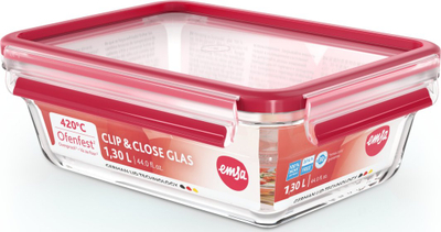 Enë ruajtëse Emsa Clip&amp;Close Glass, 1.3L, qelq, e kuqe