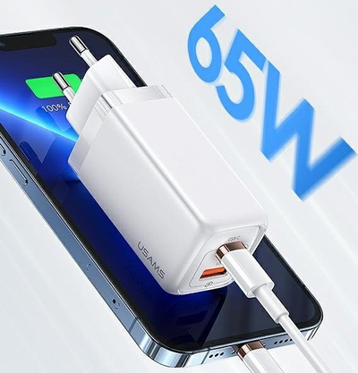 Karikues rrjeti Usams T47 CC153TC01, 65W, 1x USB A 1x USB C, i bardhë