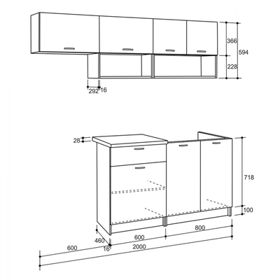 Njësi kuzhine melamine 200 cm (HM2442), bardhë