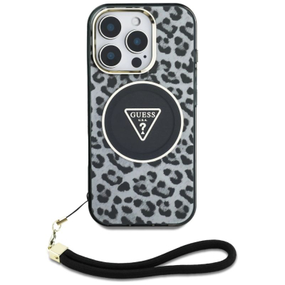 Guaskë telefoni Guess HC IML Leopard Triangle, për iPhone 16 Pro, MagSafe, me rrip, e zezë