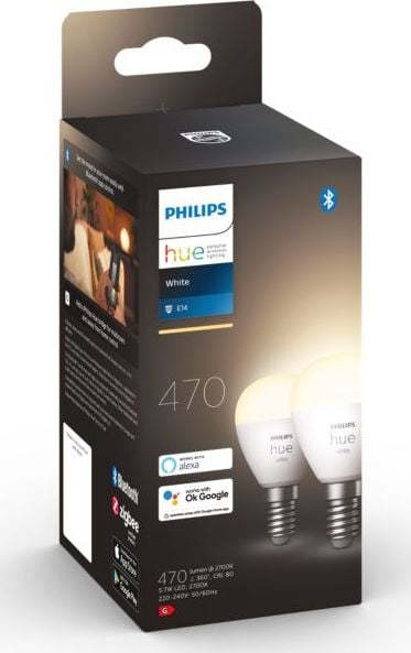 Llambë e zgjuar Philips Hue E14, 5.7W, Bluetooth, set 2 copë, dritë e bardhë e ngrohtë