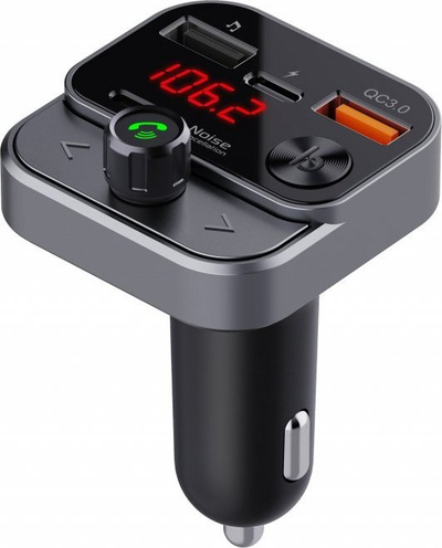 Transmetues FM Bluetooth për makinë me Noise Cancelling, 30W, QC3.0 USB‑C, i zi