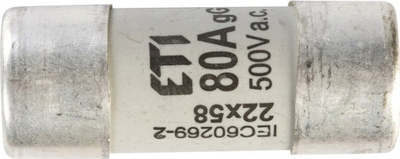 Siguresë cilindrike ETI 22x58 gG, 80A, 500V AC, e bardhë
