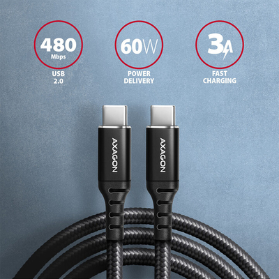 Кабел AXAGON USB-C - USB-C, USB 2.0, PD 60W 3A, ALU, плетенка, 3m, црна боја