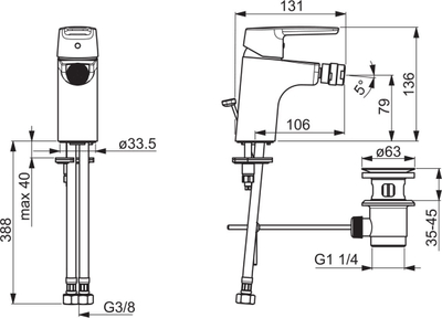Batari bide Oras Saga 3918F, me aerator, krom