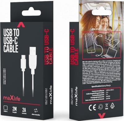 Kabllo USB në USB C Maxlife, 2 m, 2A, e bardhë