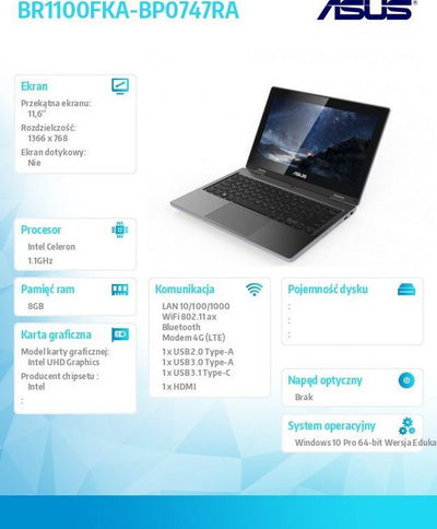 Laptop Asus BR1100F, 11.6 ", HD, Intel Celeron N4500, 8 GB RAM, 128 GB SSD Drive, i hirtë