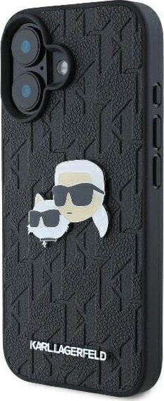 Mbrojtëse telefoni Karl Lagerfeld Monogram Karl &amp; Choupette Head Pin për iPhone 16 6.1", TPU PC, e zezë