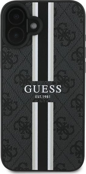 Mbulesë telefoni Guess 4G Printed Stripes MagSafe për iPhone 16 Plus 6.7", eco-leather, e zezë