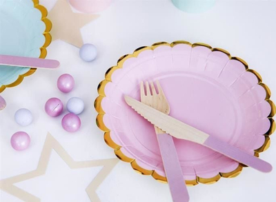 Хартиени чинии Party Deco розева, 18 cm, златен раб, сет 6 парчиња