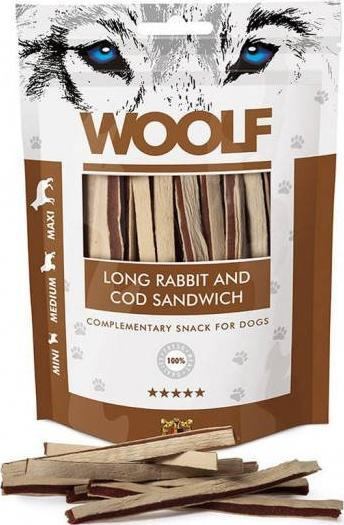 Shpërblim për qen Woolf Long Rabbit and Cod Sandwich, mish lepur me merluc, 100g