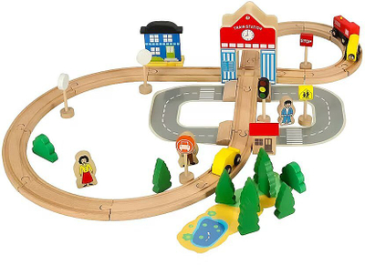 Set loje druri RoGer Wooden Station, pistë treni me 50 pjesë, për kalamaj 3+