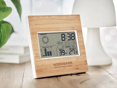 Stacion moti Bamboo Turku, orë me termometër dhe higrometër, material bambu