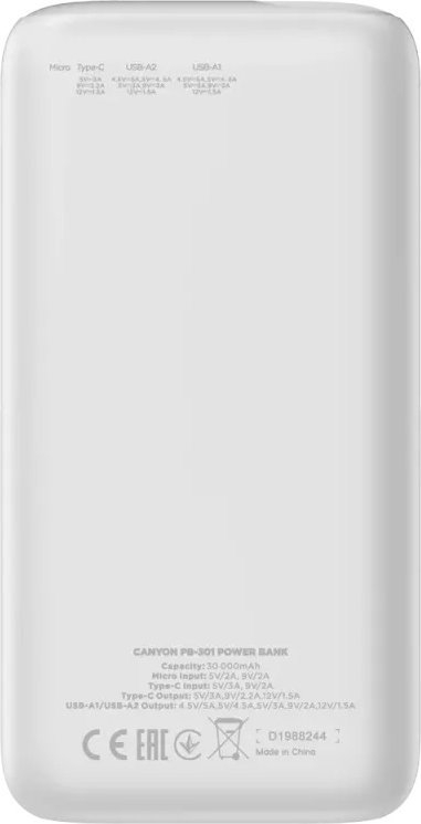 Powerbank Canyon CNE-CPB301W, 30000mAh, Quick Charge 3.0 PD, i bardhë
