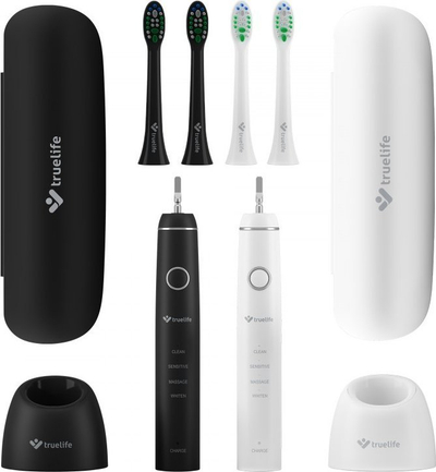 Сонична четка за заби TrueLife SonicBrush Compact Duo, сет 2 рачки, 4 заменливи глави, црна и бела
