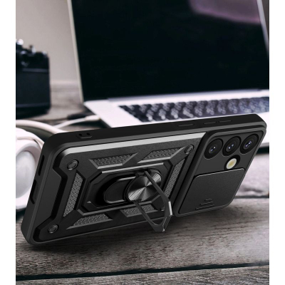 Mbulesë telefoni Hurtel Hybrid Armor Camshield për OnePlus 13 5G, me këmbë mbajtëse, me kapak kamere, e zezë