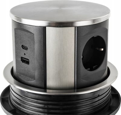 Prizë e futur në tavolinë Spacetronik SPS-R3D5B V2, rrethore, me USB dhe USB C, ngjyrë argjend me të zezë