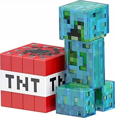 Figurinë koleksionare Minecraft Diamond Level Creeper, 14 cm, me aksesorë TNT, blu transparent